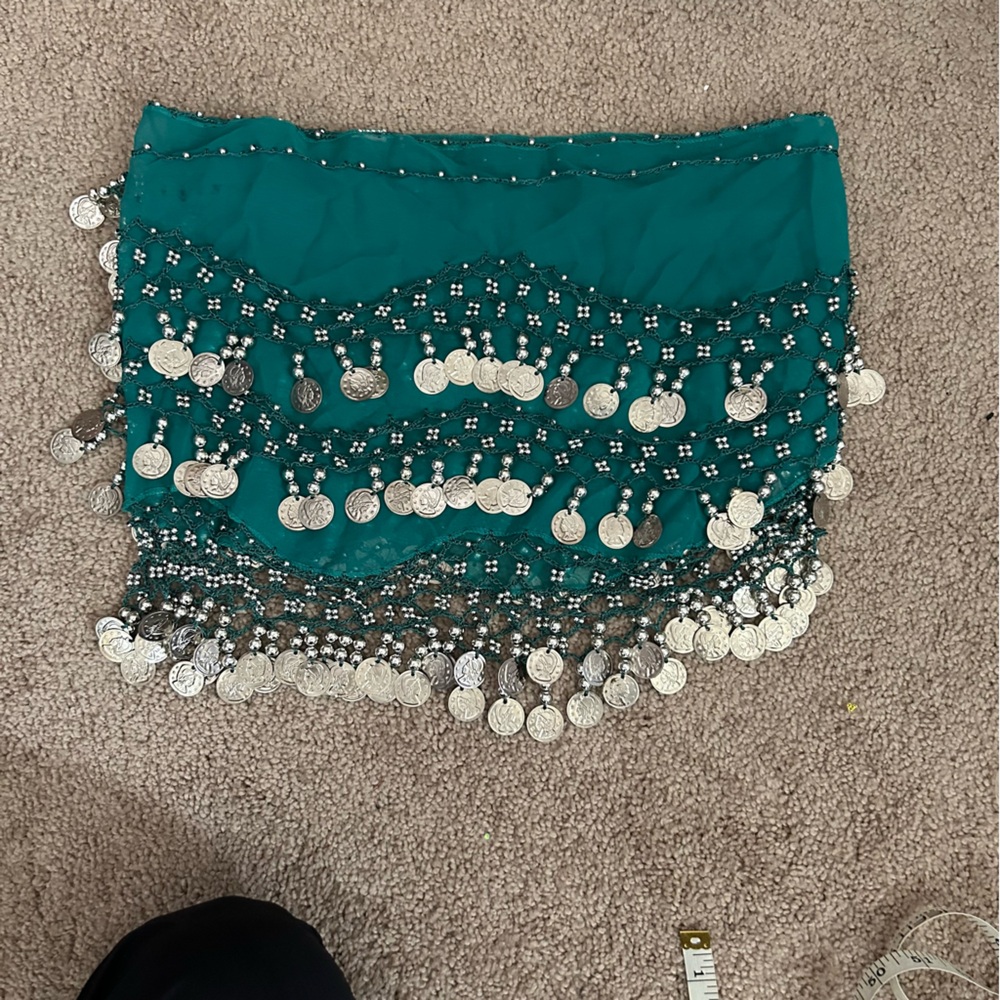 Green Embellished Mini Skirt for Resort Wear. Halloween costume belly dancer.